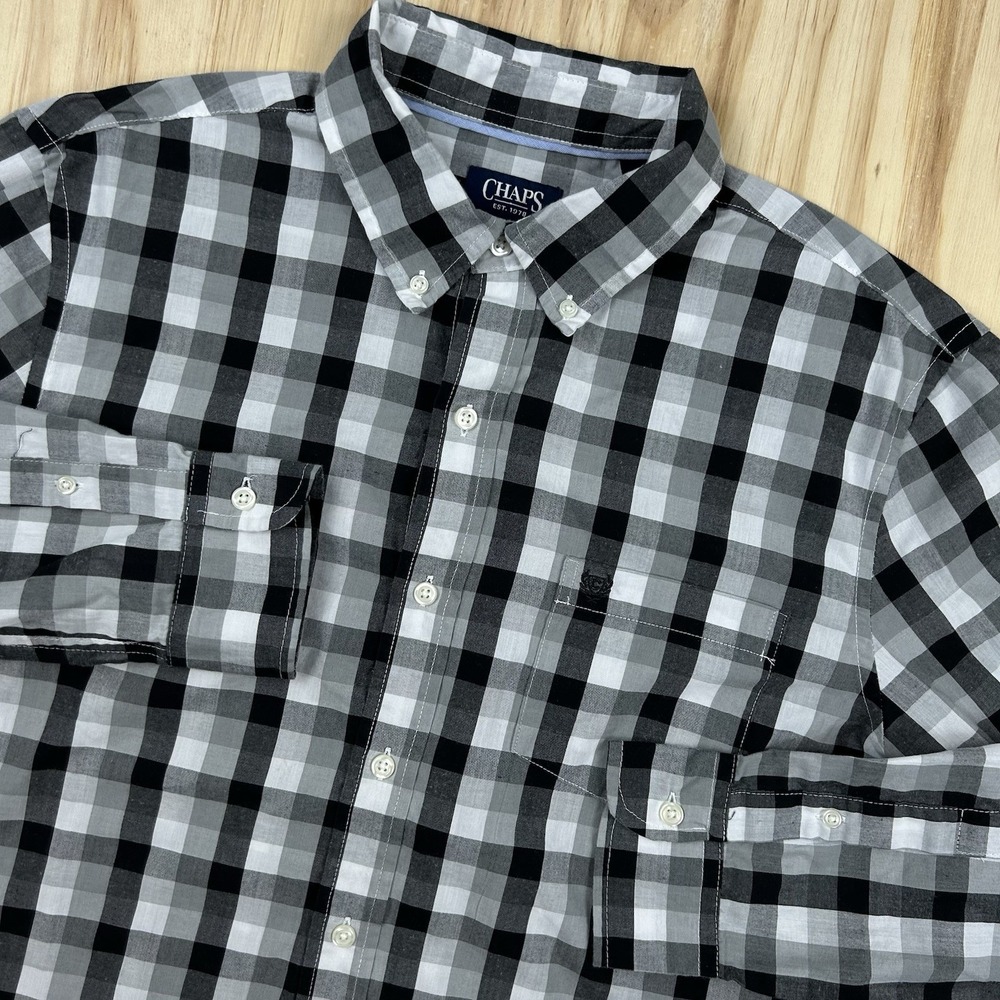 Chaps Mens Shirt Large L Black White Gray Plaid Easy Care Button Down Long Sleev